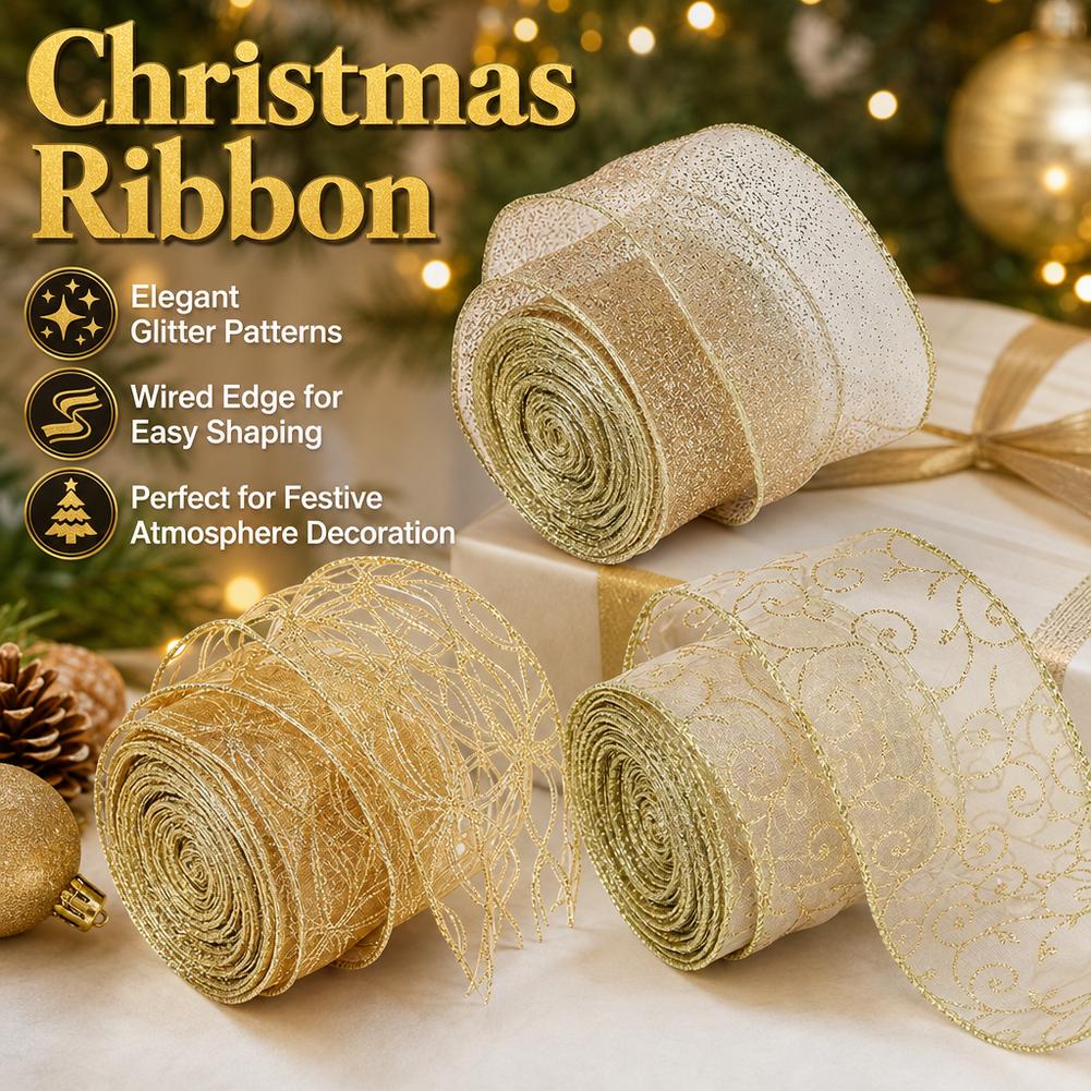 Embroidery Xmas Tree - Fita de Organza Dourada com Glitter