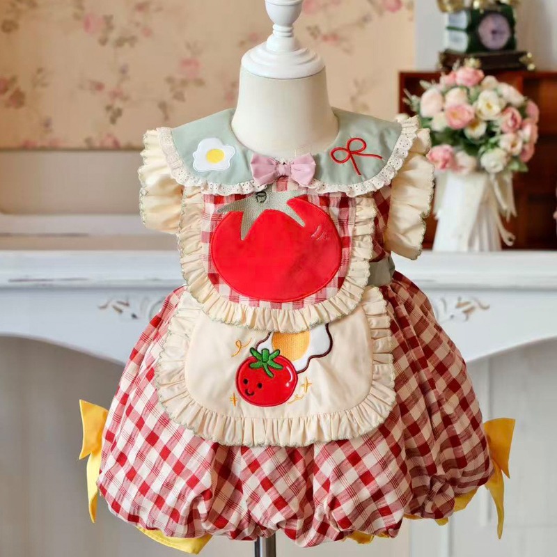 Embroidery Egg - Vestido Infantil Lolita Estilo Cottagecore Xadrez