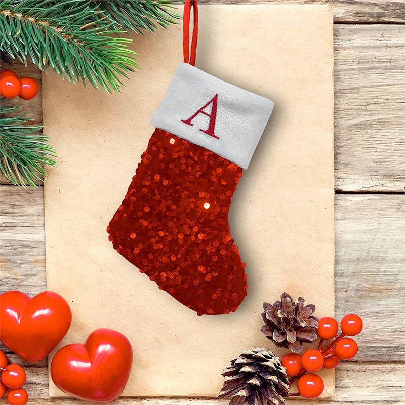 Embroidery Xmas Stocking - Meia de Natal Vermelha com Lantejoulas,