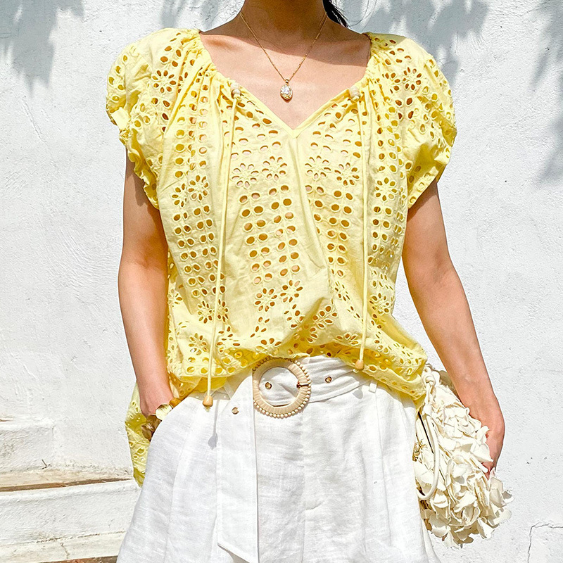 Embroidery Yellow - Estilo francês elegante chique blusa camisa