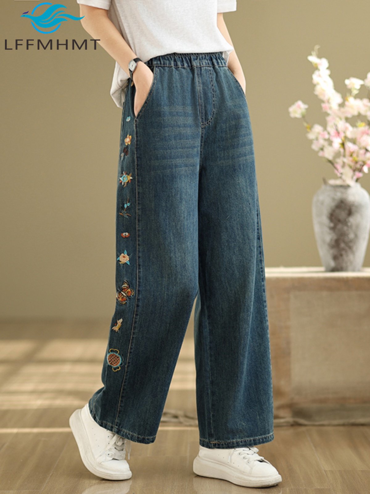 Embroidery Unique Design - Calças Jeans Femininas com Bordado Floral