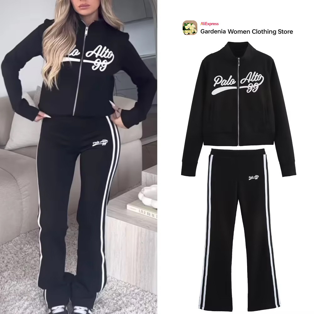 Embroidery Jacket - Conjunto esportivo universitário preto casual feminino,