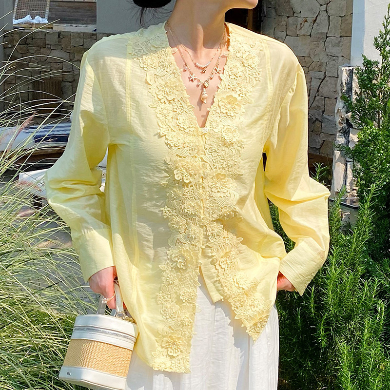 Camisa Blusa de Renda Estilo F - Embroidery Yellow avaliação e preço